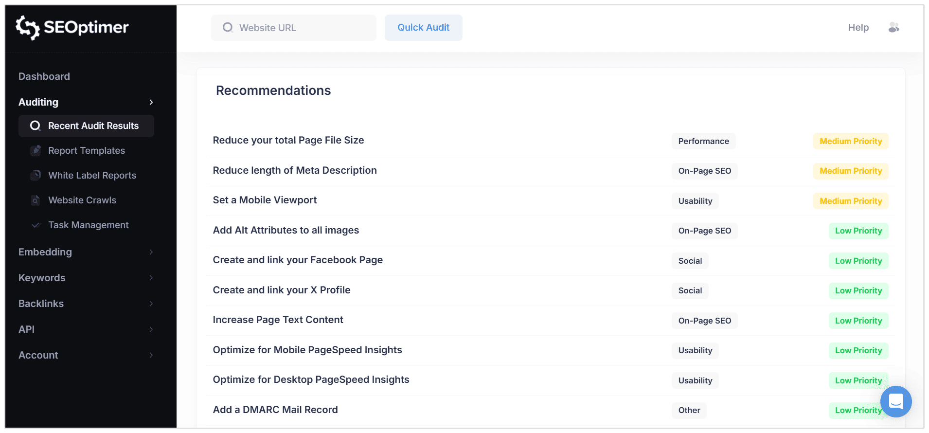rekomendasi audit SEOptimer